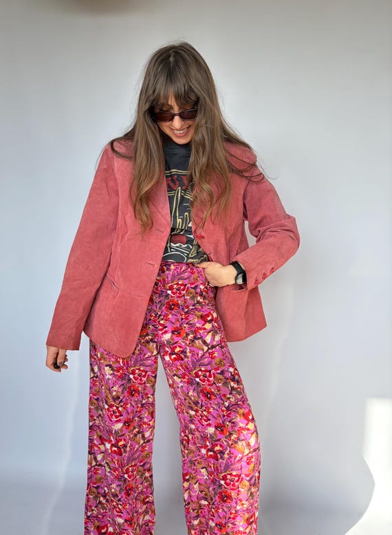 Vintage real suede jacket pink rose woman spring blezer classic minimalistic boho padded M L natural leather