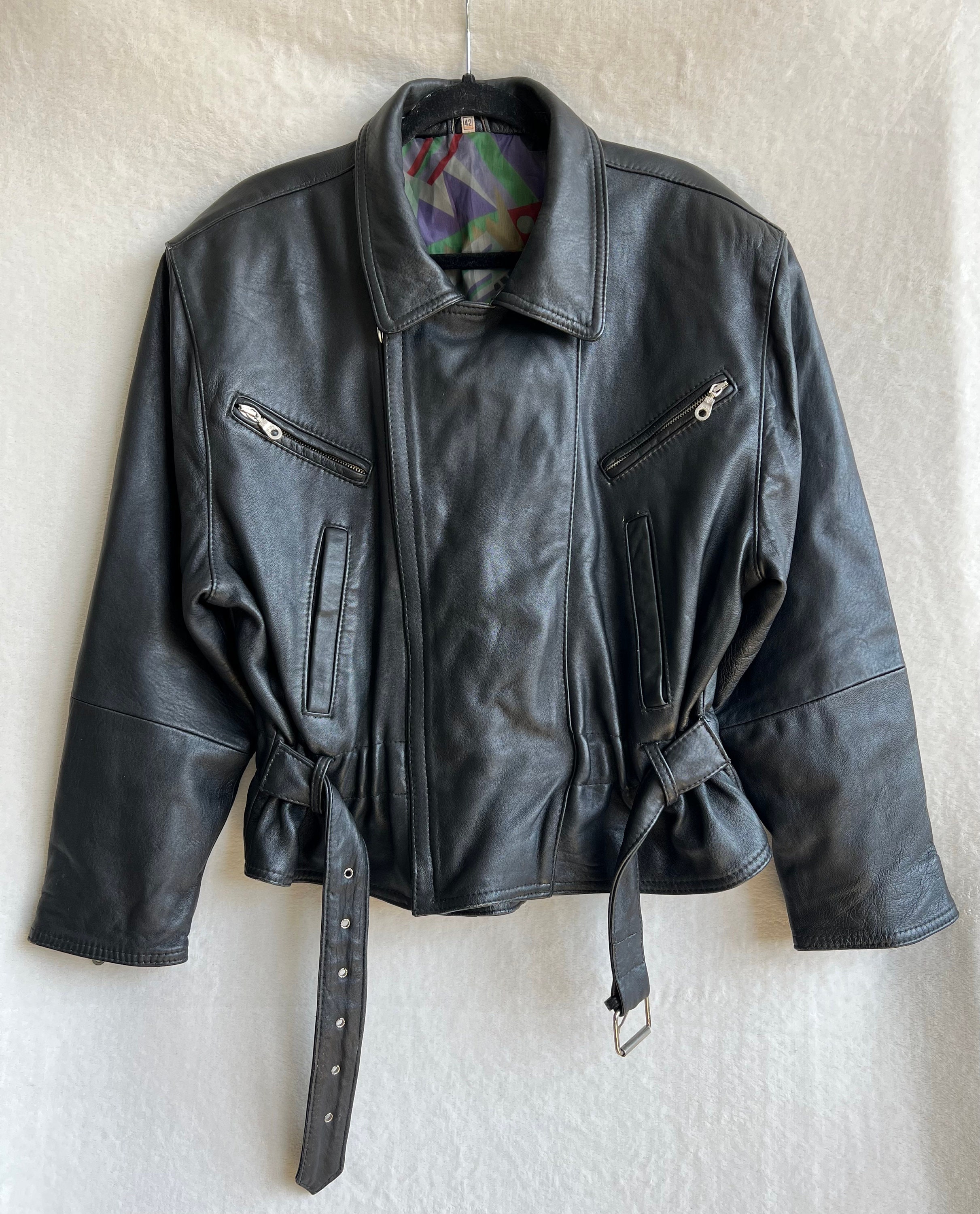 Leather Biker Jacket Black Vintage Genuine Leather 42 Xl Zip