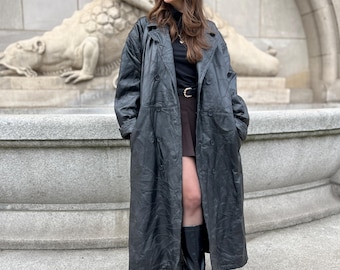 Long leather vintage coat trench tie waist belt maxi black oversize genuine leather retro natural loose duster full length new dead stock