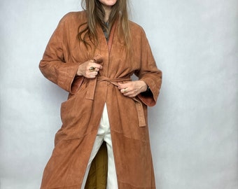 Langer Leder-Wildleder-Vintage-Mantel-Trench, brauner Gürtel, Frühlingsfrau, M-L-Gürtel, Boho-Klassiker, 70er-Jahre, echtes Leder, Retro-Hippie, weich