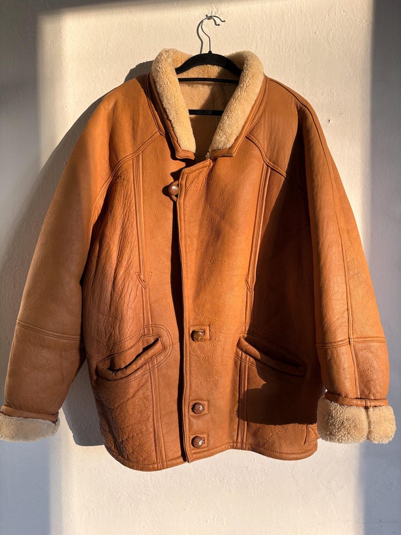 May include: A brown leather coat with a beige shearling collar and cuffs. The coat has a button-up front, two front pockets, and decorative stitching. The coat is hanging on a black hanger.