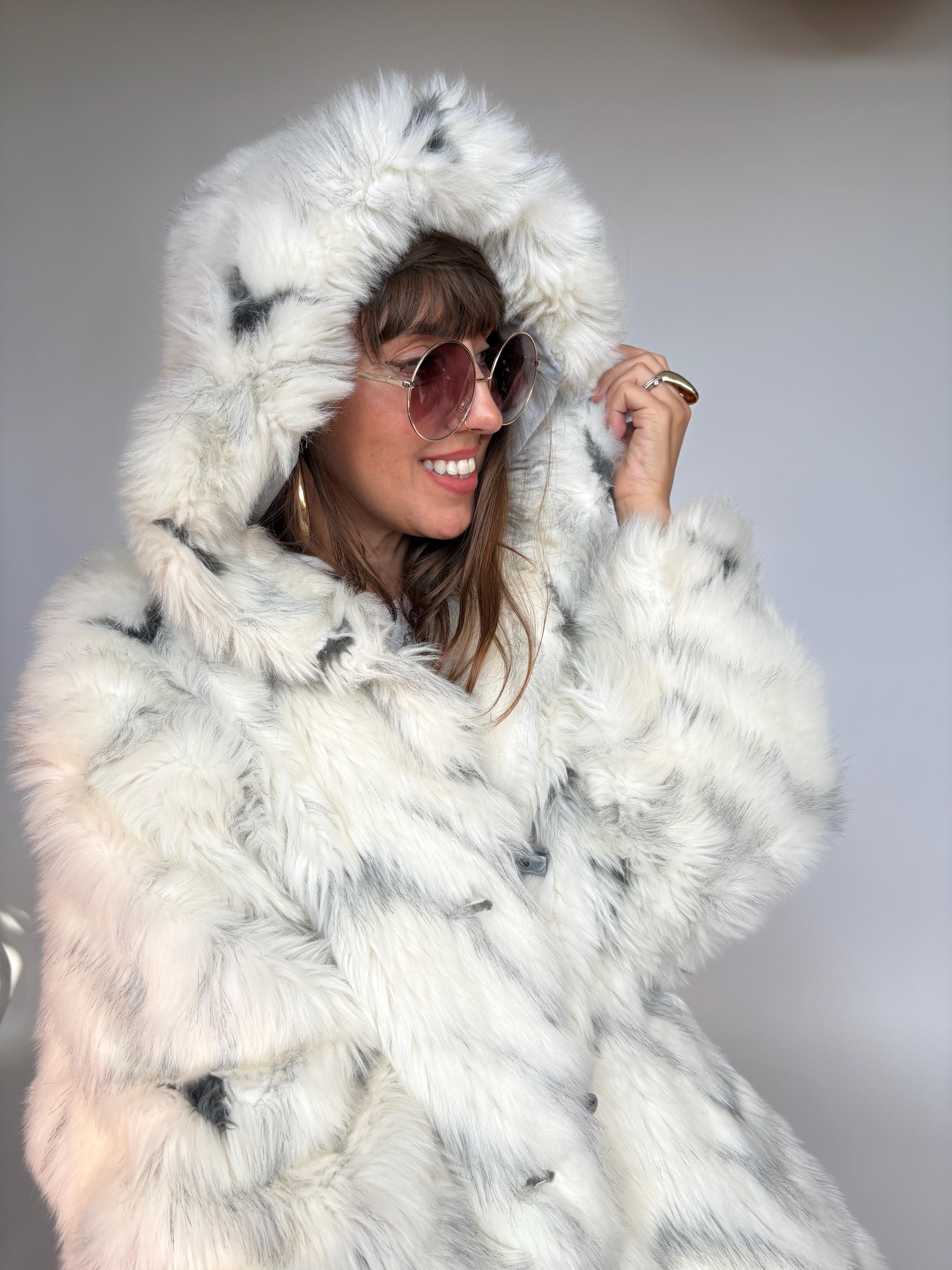 Vintage Faux Fur Coat Silver White Fox Hood Mink Oversized Bell