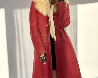 Vintage natural shearling long pink coat sheepskin Real leather warm wool woman boho unique 70s 80s penny lane afghan S/M trimmed
