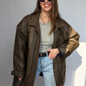 Vintage-Lederjacke, braun, Damen- und Herrenblazer, Oversize, 80/90, Retro-Look, Used-Look, gewaschen, lang, 58/58, XXL/XL, Echtleder Bild 3