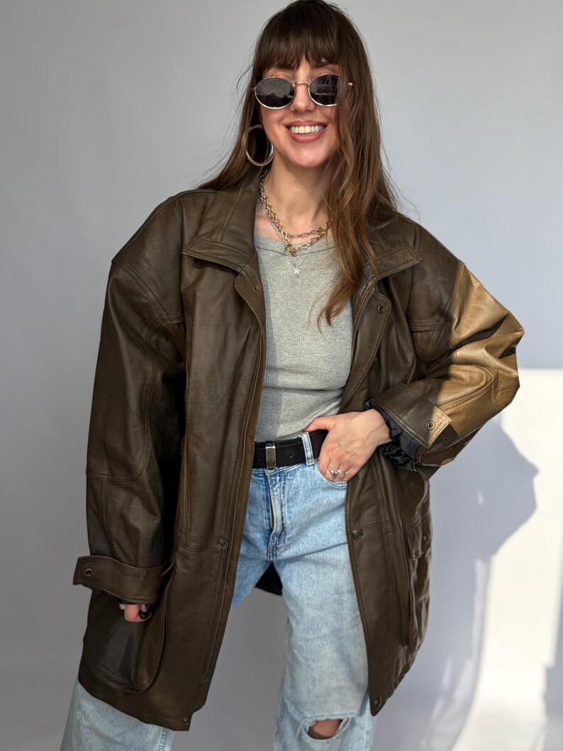 Vintage-Lederjacke, braun, Damen- und Herrenblazer, Oversize, 80/90, Retro-Look, Used-Look, gewaschen, lang, 58/58, XXL/XL, Echtleder Bild 3