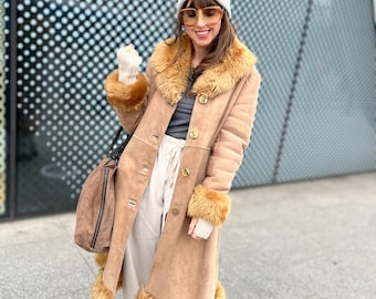 Vintage Suede Shearling Jacket Beige Sand Suede Leather Faux