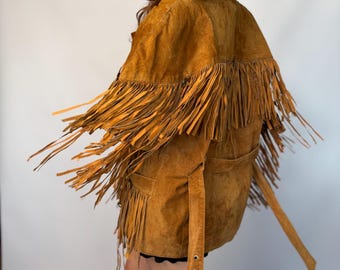 Veste vintage à franges en daim marron style cowboy western, longues franges, taille M, bohème, ceinture à nouer, style cowgirl, été, Coachella