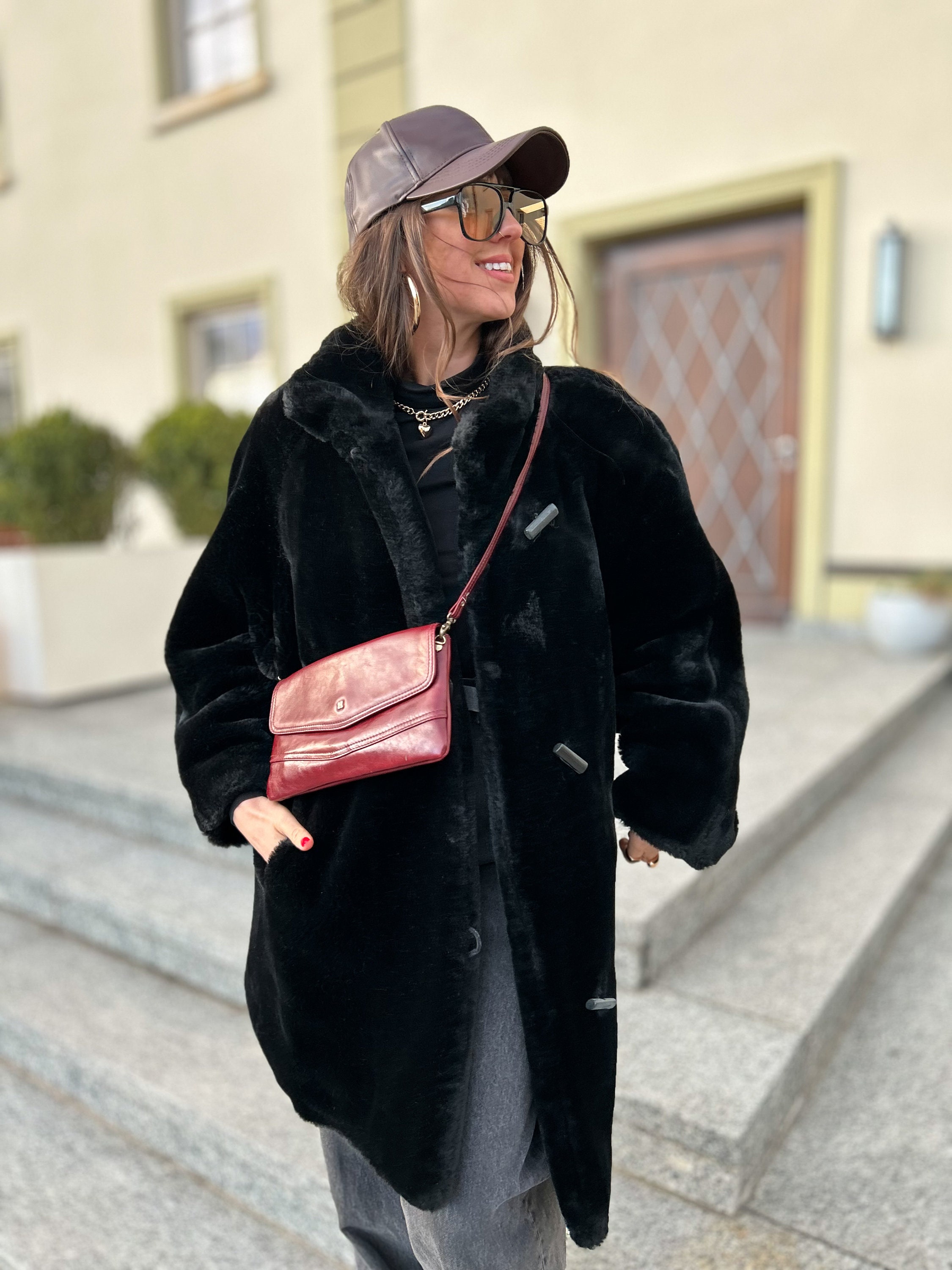 Vintage Faux Fur Coat Jacket Black Oversized Large 44 GB 18