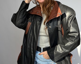 Real leather vintage black - brown jacket coat large long oversize 80s 1980 retro classic unisex padded 40 L spring woman coat