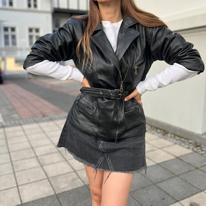 Blouson cuir vintage ceinturé femme motard cuir véritable soie futter noir zippé 80 90 printemps L XL avec ceinture classique