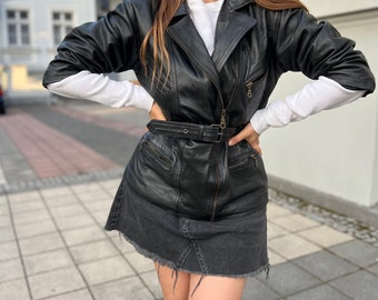 Vintage Lederjacke mit Gürtel für Damen, Biker, echtes Leder, Seide, Futter, Schwarz, Reißverschluss, 80 90, Frühling, L XL, mit Gürtel, klassisch