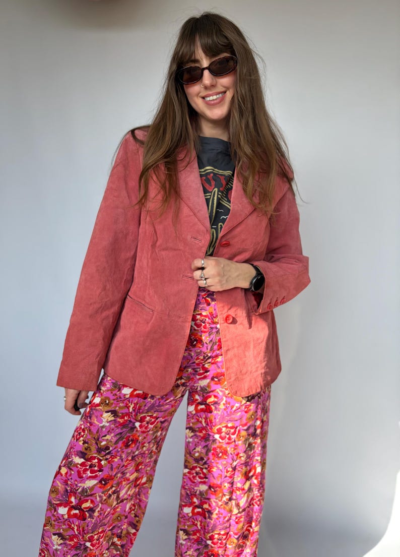 Vintage real suede jacket pink rose woman spring blazer classic minimalistic boho padded M L natural leather image 13