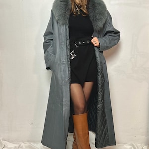Long cuir vintage manteau trench duster maxi pleine longueur gris col de fourrure ceinturé femme M L XL cuir véritable naturel isolé cravate taille