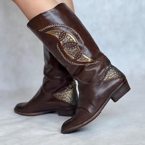 Vintage leren laarzen 40/8 Bruin echt leer versierd retro jaren 70 80 cowboy boho western vrouw