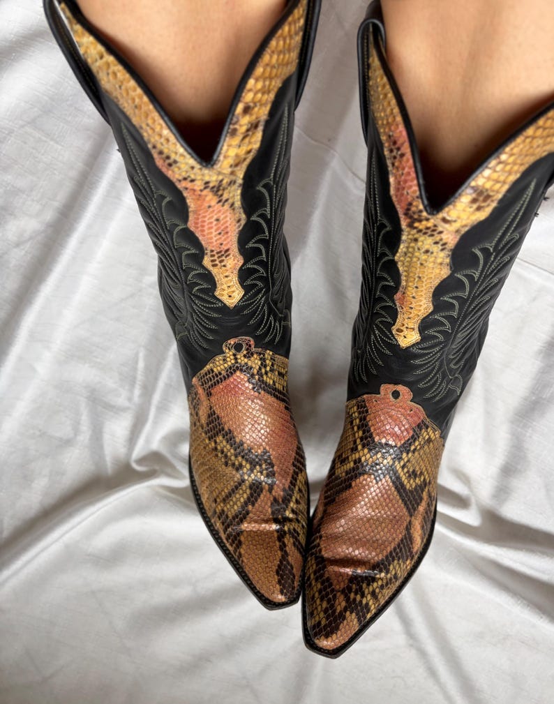 Puede incluir: Un par de botas de vaquero negras con un estampado de piel de serpiente en la puntera y la parte superior de la ca&ntilde;a. Las botas tienen una puntera puntiaguda y costuras decorativas. El estampado de piel de serpiente presenta tonos marrones, beiges y rosas.