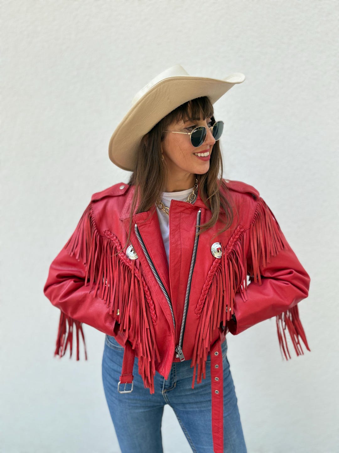 Leather Vintage Jacket Fringe Red Western Cowboy Boho Woman