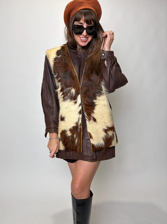 Real leather cowhide vest cow print patches white brown man woman unique handmade natural hair calf fur calfskin