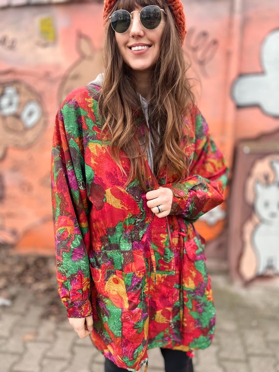 Vintage Jacket Spring Colorful Red Light Flowers Retro 80s 90s