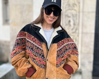 Vintage Aztec Sherpa jacket bomber Suede oversize ethno boho pattern Natural leather faux shearling southwestern sweater ranch fair isle