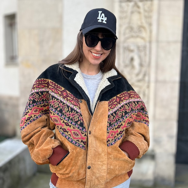 Vintage Aztec Sherpa jacket bomber Suede oversize ethno boho pattern Natural leather faux shearling southwestern sweater ranch fair isle