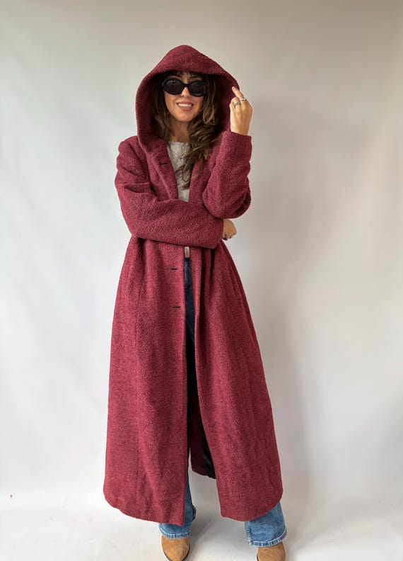 Vintage Burgundy Virgin Wool Bouclé Hooded Coat 80s 90s Long Burgundy Wool Maxi Coat Warm Hood Trench Coat (Size M L) full length autumn