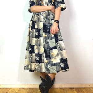Vintage midi dress retro cushions maxi long abstract patterns L XL neckline insert with short sleeves pattern 80’