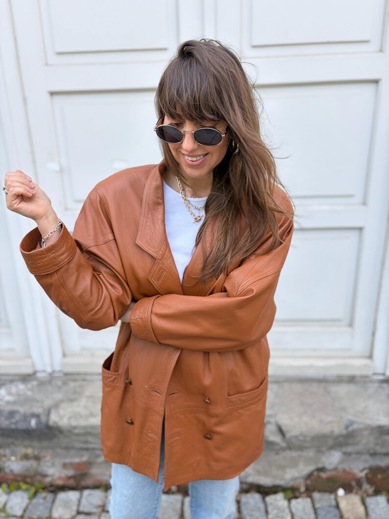 leather vintage jacket bomber brown bat wide arms oversize large woman blazer giacca 80s 70s streetwear retro M/L butterfly padded image 10