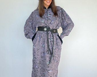 Vintage midi 70s 80s black purple abstract 100% viscose pockets retro knee length woman 44 spring summer long sleeve bat fit wide zip