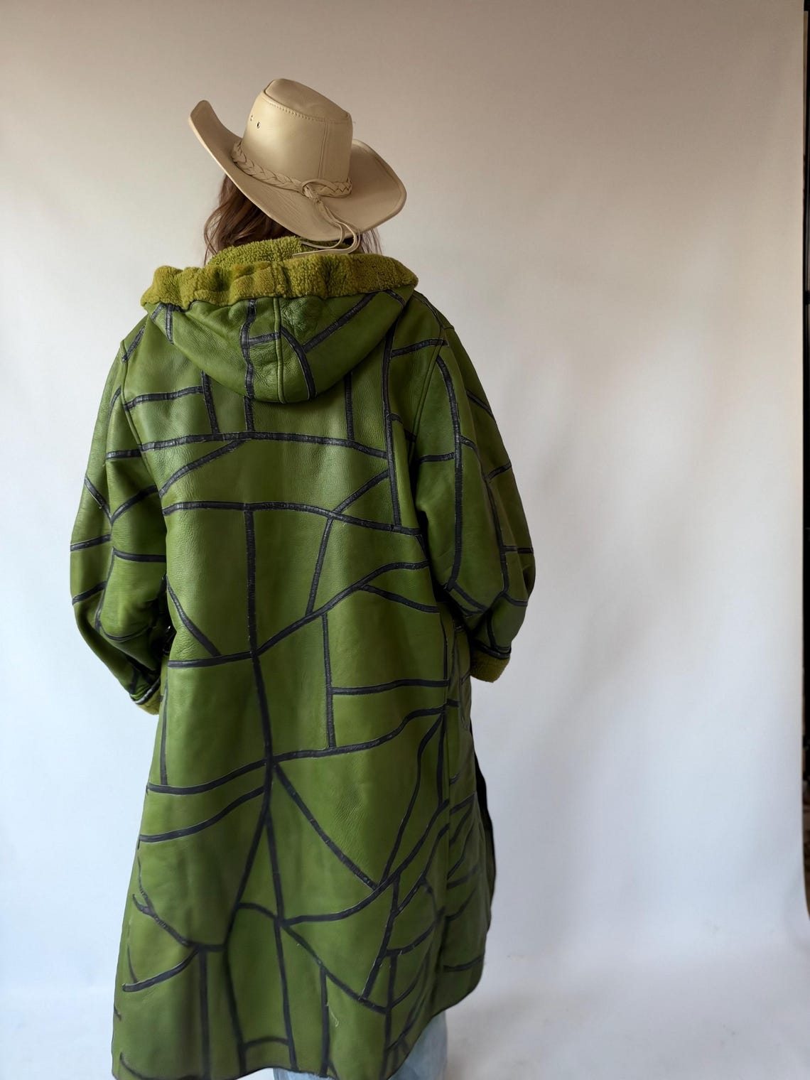 Vintage Green Shearling Sheepskin Coat Green Leather Patchwork Hooded Afghan Long Overcoat pinterest Boho Chic Winter Jacket Women Large, foto 4 di 5