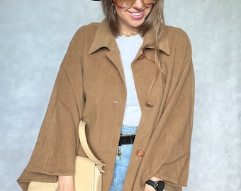 Vintage beige Wolle langer Mantel brauner Woll-Kaschmir-Poncho XXL übergroße lockere Farbe Retro groß