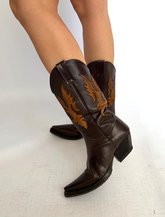 Cowboy boots vintage 39 6 beige Brown leather western festival boho style etno Indian woman southwestern rodeo embroidered summer classic