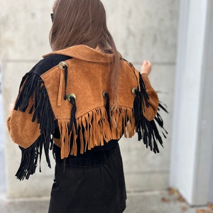veste à franges vintage cowboy western cuir véritable Suède longues franges surdimensionnées L boho noir brun bronzage style indien