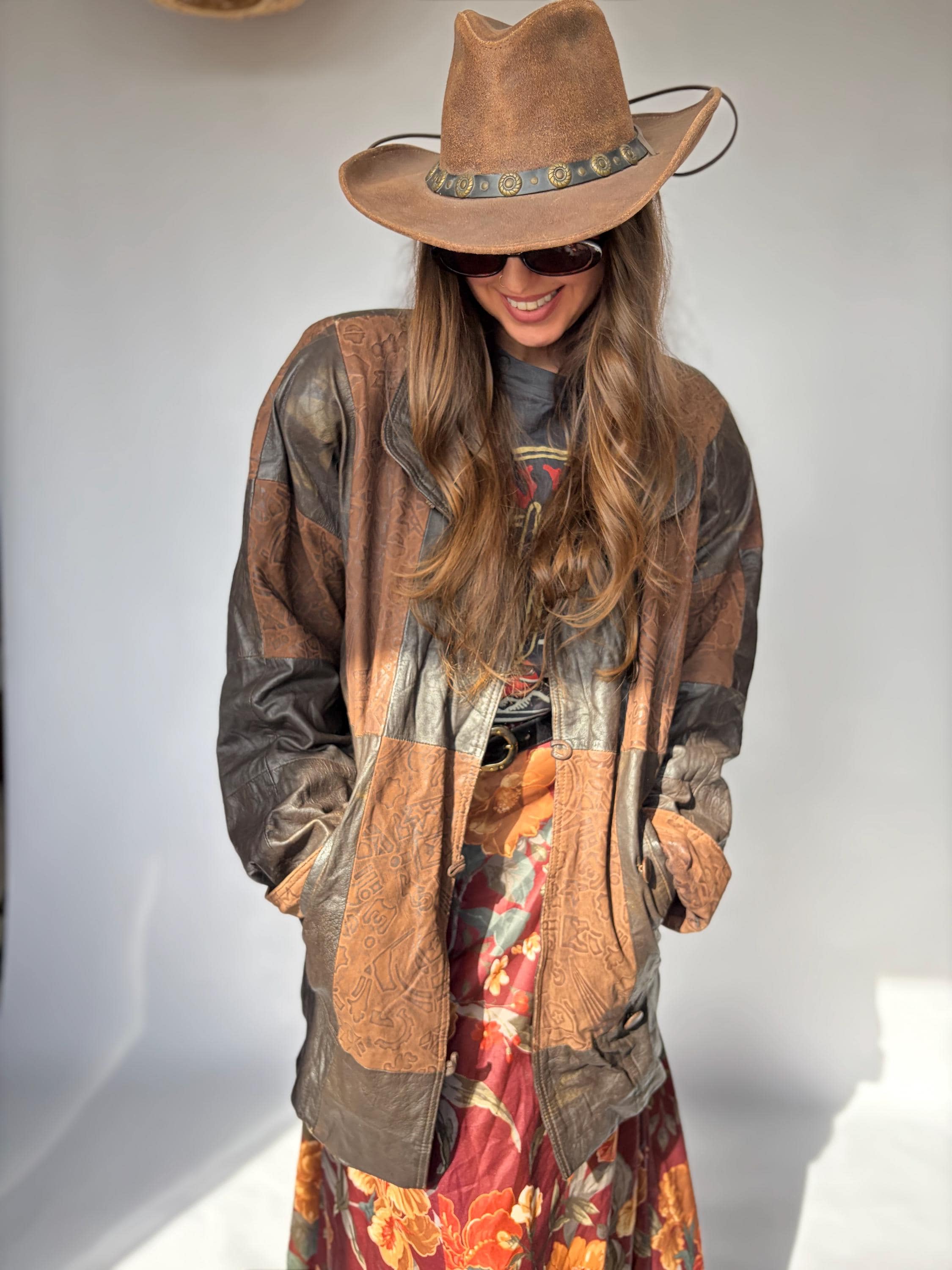 Vintage genuine leather patchwork coat jacket patterned woman oversize large boho Yessica 40 patched bat fit bomber
