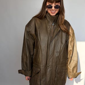 Vintage-Lederjacke, braun, Damen- und Herrenblazer, Oversize, 80/90, Retro-Look, Used-Look, gewaschen, lang, 58/58, XXL/XL, Echtleder Bild 9