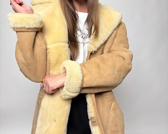 Natural shearling coat long beige thick leather winter sheepskin warm unisex woman man sheep wool insulated