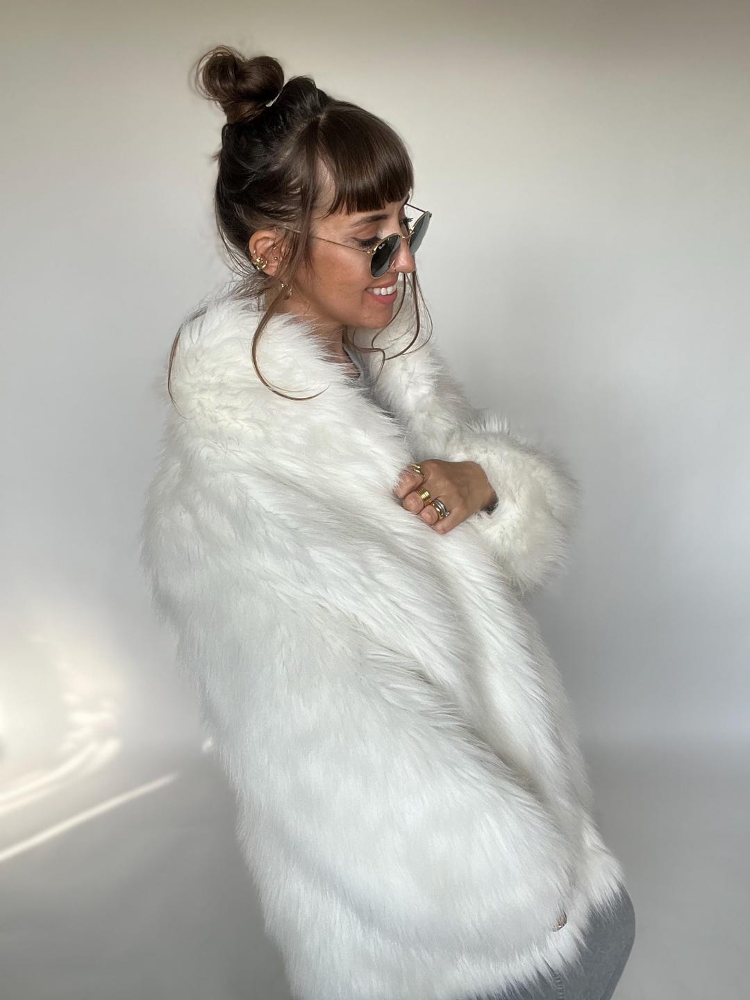 Vintage Faux Fur Coat Silver White Fox Mink Oversized