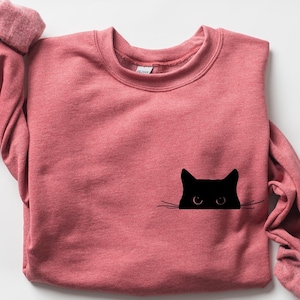 Cat Sweatshirt,Cute Cat Sweatshirt,Black Cat Shirt,Cat Peeking Sweatshirt,Womens Funny Sweatshirt,Gift for Cats Lover,Cat Mom Sweatshirt image 1