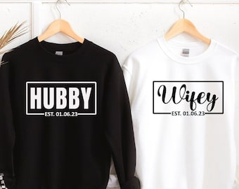 Sudadera Hubby Wifey, sudadera de marido y mujer, sudaderas recién casadas, camisa de pareja a juego, sudadera de compromiso, camisa Hubby Wifey