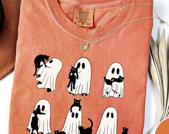 Comfort Colors Ghost Cats Halloween Shirt,Cat Lovers Shirt,Halloween Cat Shirt,Spooky Season,Cat Lover Gift,Halloween Gift,Black Cat Shirt
