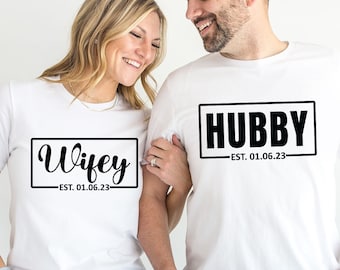 Camisas de esposa de marido, camisas de marido y mujer, camisa de luna de miel, camisas recién casadas, camisa de pareja a juego, camisa de compromiso, camisas de boda