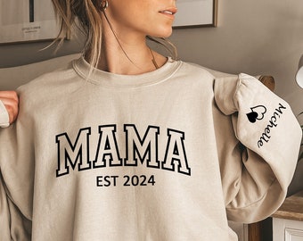 Custom Mama Sweatshirt With Kid Name On Sleeve,Personalized Mom Sweatshirt,Mother Day Gift,Gift for Mom,New Mom Gift,Pregnancy Announcement