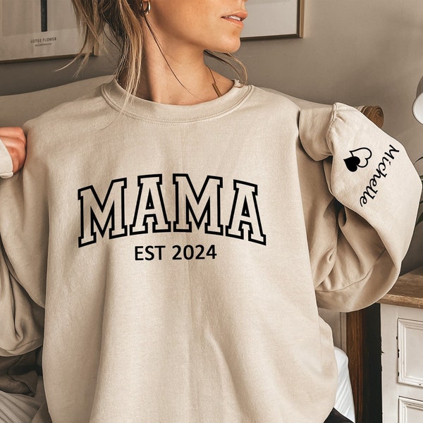 Custom Mama Sweatshirt With Kid Name On Sleeve,Personalized Mom Sweatshirt,Mother Day Gift,Gift for Mom,New Mom Gift,Pregnancy Announcement