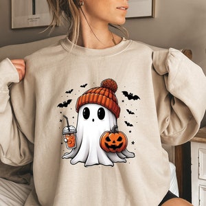 Cute Ghost Drinking Coffee Sweatshirt,Ghost Ice Coffee,Spooky Season Shirt,Fall Coffee Lover Sweatshirt,Halloween Sweatshirt,Halloween Gift