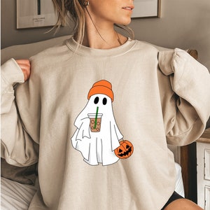 Cute Ghost Drinking Coffee Sweatshirt,Ghost Ice Coffee,Spooky Season,Fall Coffee Lover Sweatshirt,Halloween Party Shirt,Fall Graphic Shirt