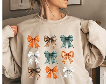 Fall Pumpkin Bow Sweatshirt,Fall Coquette Bow Sweatshirt,Fall Sweatshirt,Thanksgiving Sweatshirt for Women,Fall Apparel,Fall Shirt,Fall Gift