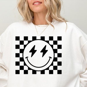 Checkered Pattern Smile Face Sweatshirt,Retro Smiley Face Sweatshirt,Smile Face Shirt,Happy Face Shirt,Cute Smile Shirt,Smile Sweatshirt