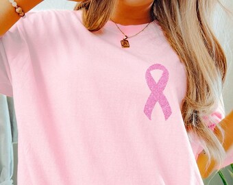 Comfort Colors Glitter Pink Ribbon Shirt,Breast Cancer Shirt,Cancer Survivor Shirt,Breast Cancer Awareness Shirt,Cancer Support Gift Women
