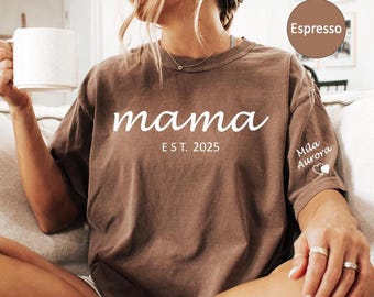 Comfort Colors Custom Mama Shirt with Kid Name on Sleeve,Personalized Mom Shirt,New Mom Gift,Gift for mom,Mothers Day,Pregnancy Announcement