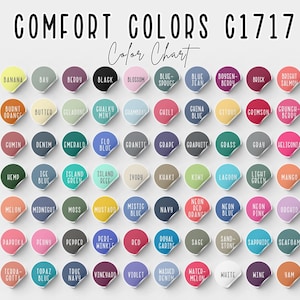 May include: A colour chart titled "COMFORT COLORS C1717 Color Chart" displays a variety of colours on circular stickers. Colours include "Banana", "Berry", "Black", "Blossom", "Blue Jean", "Brick", "Crimson", and many more.
