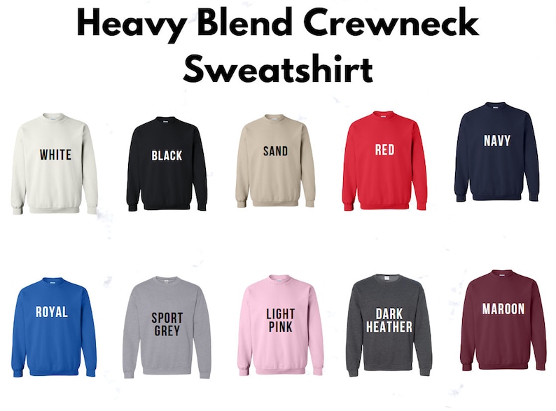 May include: A range of crewneck sweatshirts in a variety of colours, including white, black, sand, red, navy, royal blue, sport grey, light pink, dark heather, and maroon. The sweatshirts are all made from a heavy blend fabric.
